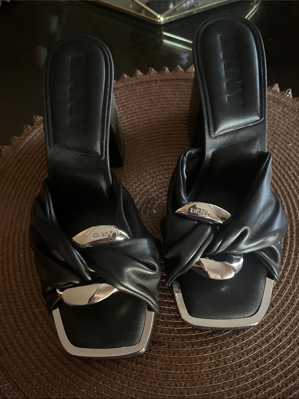 Dkny Black Leather Knotted Slide Heels with Silver Hardware